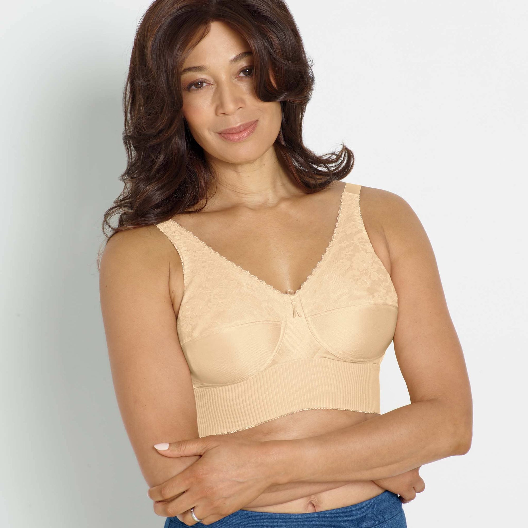 Front view #7648 Post Mastectomy Long Line Bra shown in beige.