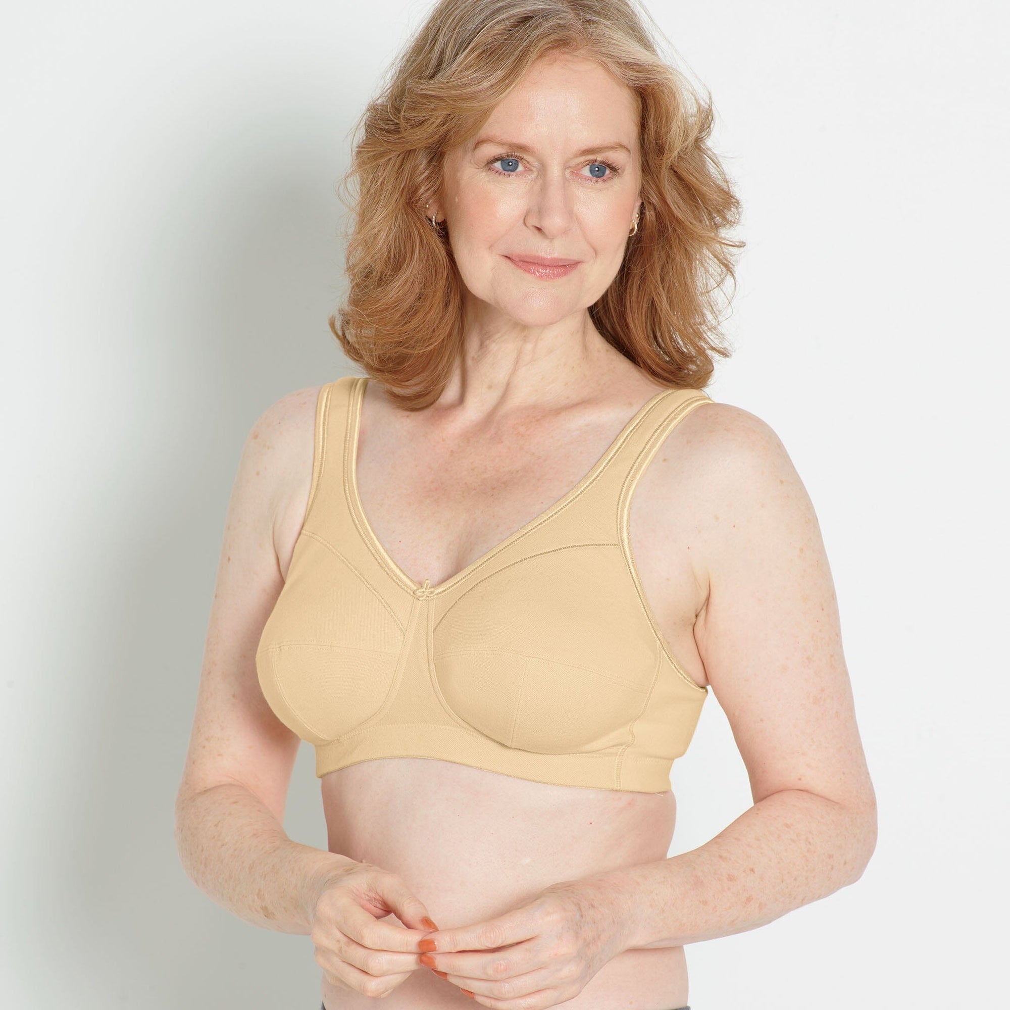 Front view #8163 Full Figured Comfort Mastectomy Bra shown in beige.