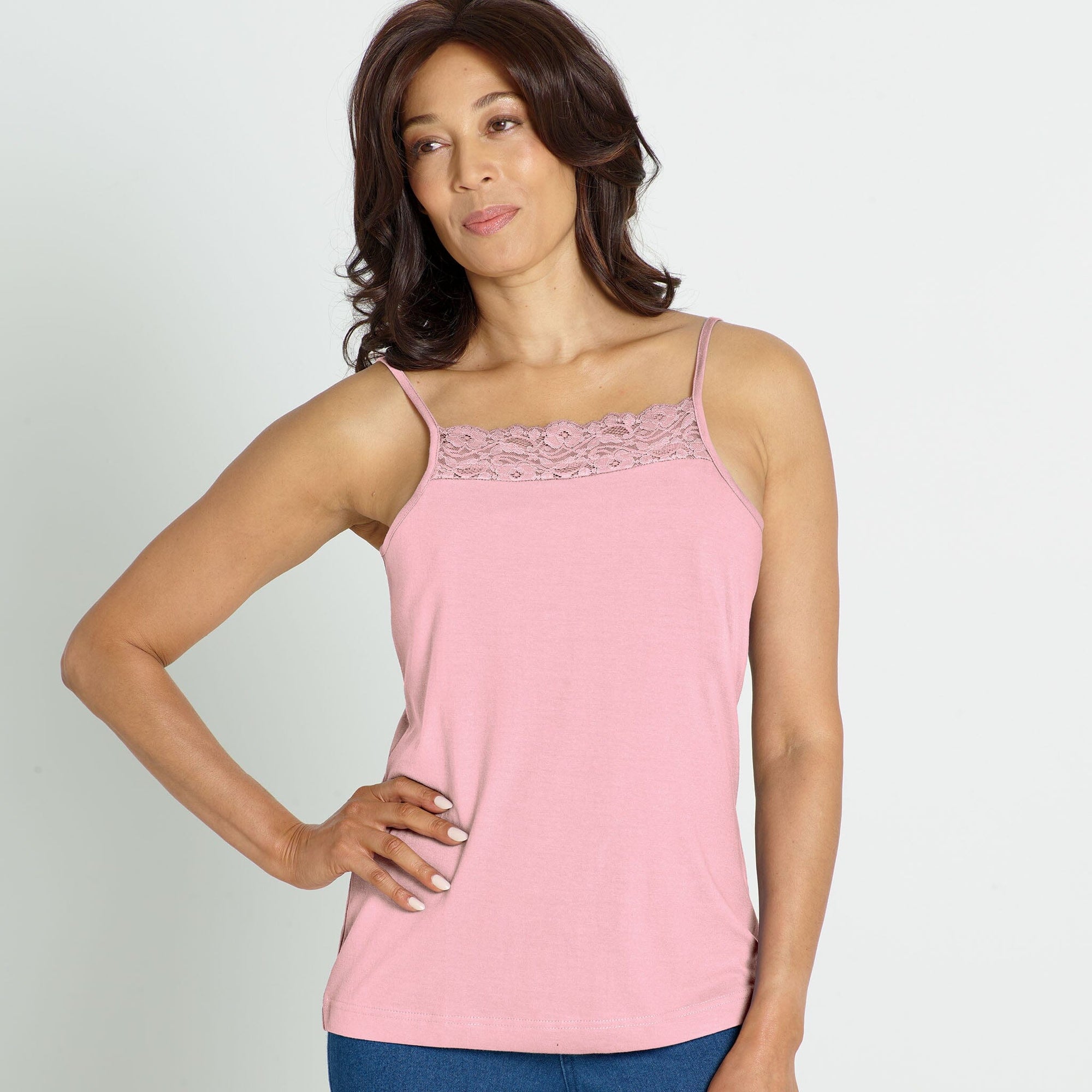 Front view of the #9408 Cool Comfort Pocketed  Lace Trim Camisole shown in pink.