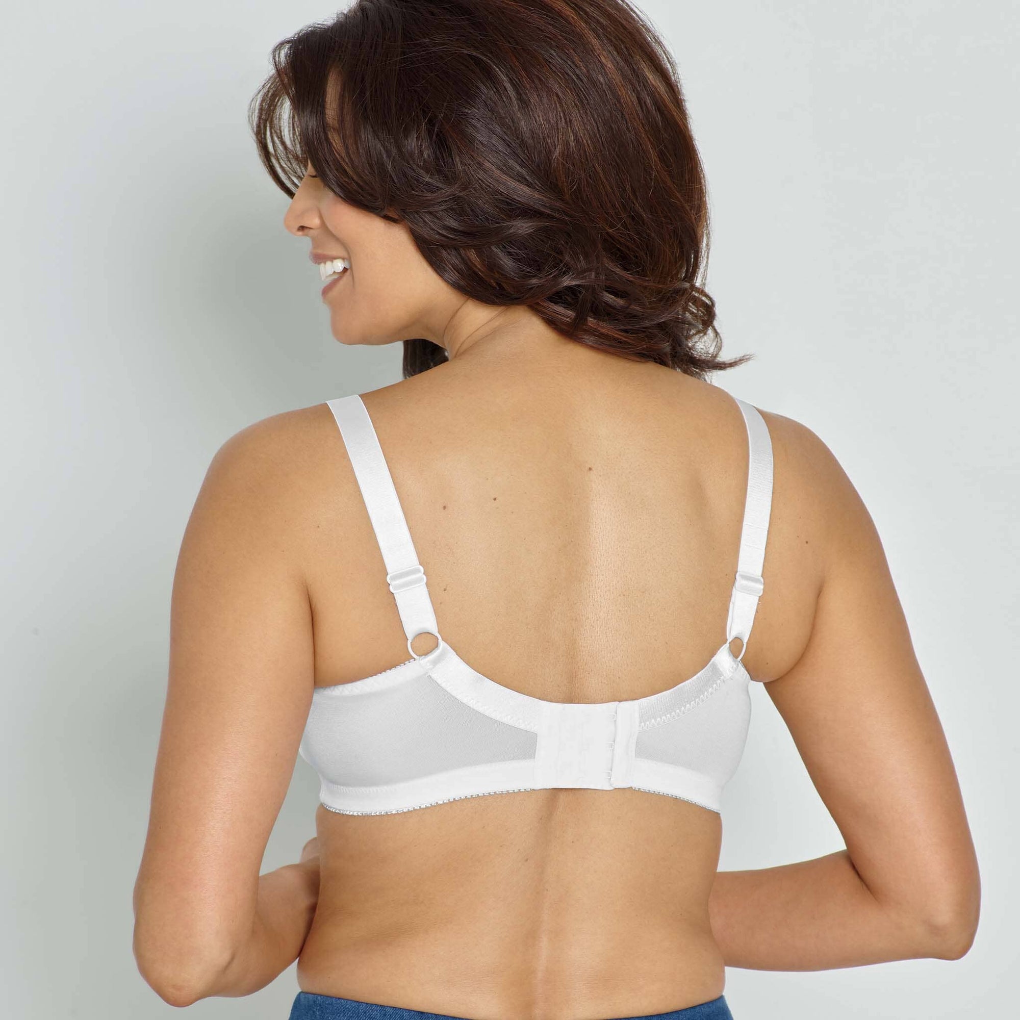 Back view #7580 Mastectomy Camisole Bra shown in white.