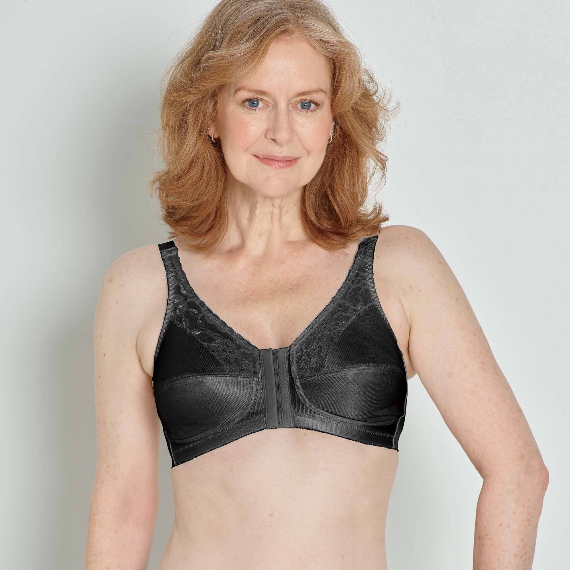 Back view #7581 Lace Accent Front Closure Mastectomy Bra shown in black.