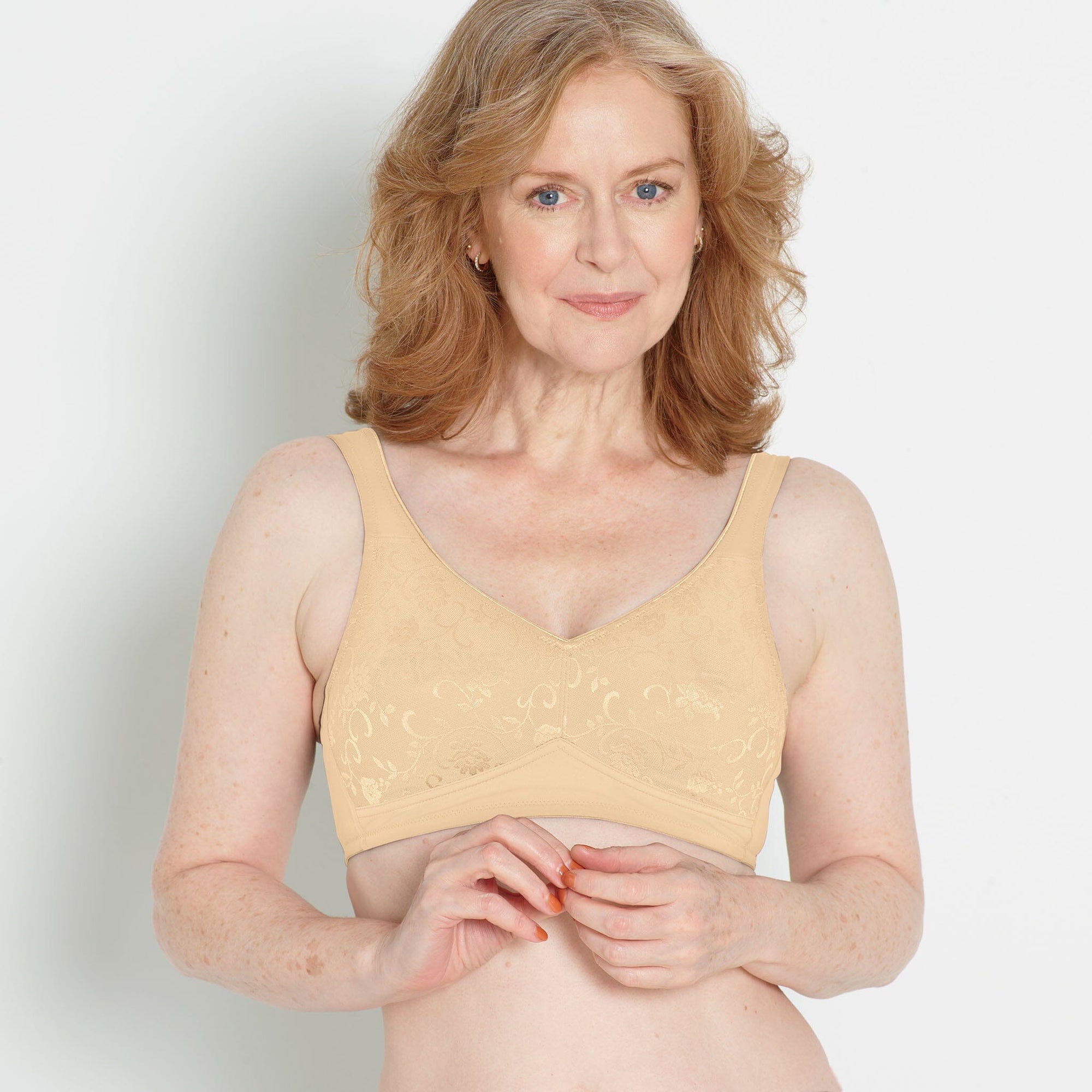 Front view #8159 All Over Lace Microfiber Mastectomy Bra shown in beige.