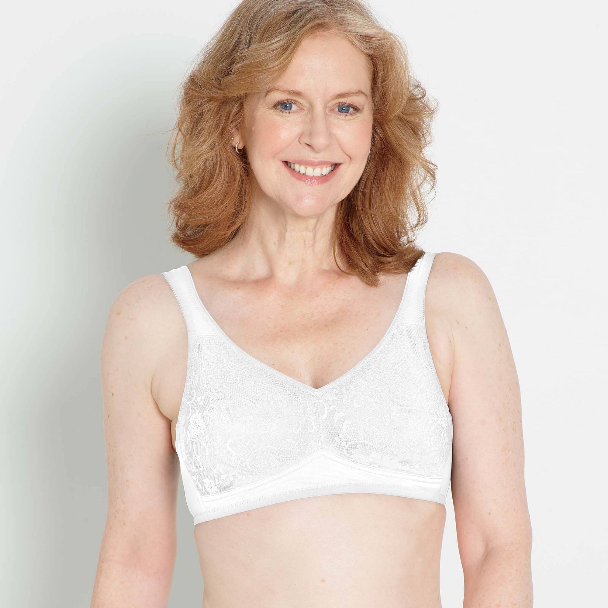 Back view #8159 All Over Lace Microfiber Mastectomy Bra shown in white.