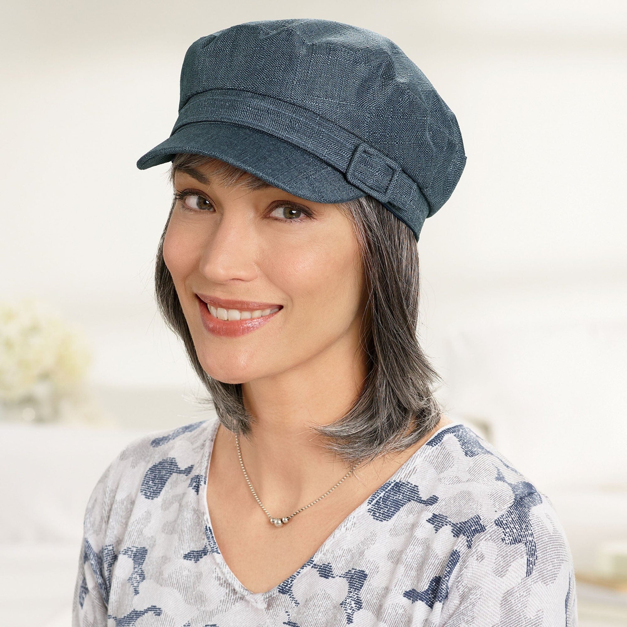 Shown in (44) Salt and Pepper with Newsboy with Buckle Hat (#9143), in Navy 