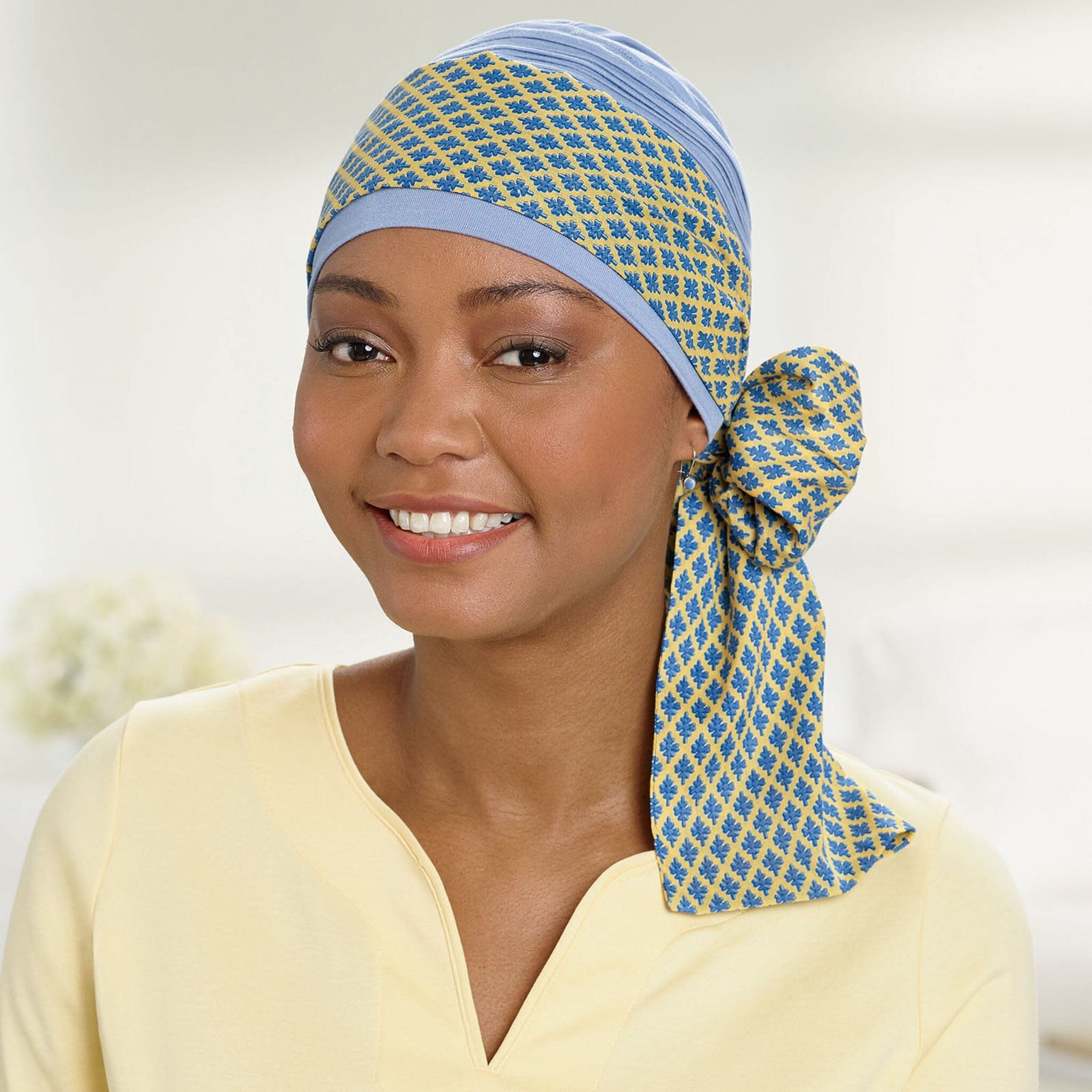 Woodblock Scarfbands-Blue Shown with #9265 Denim Turban