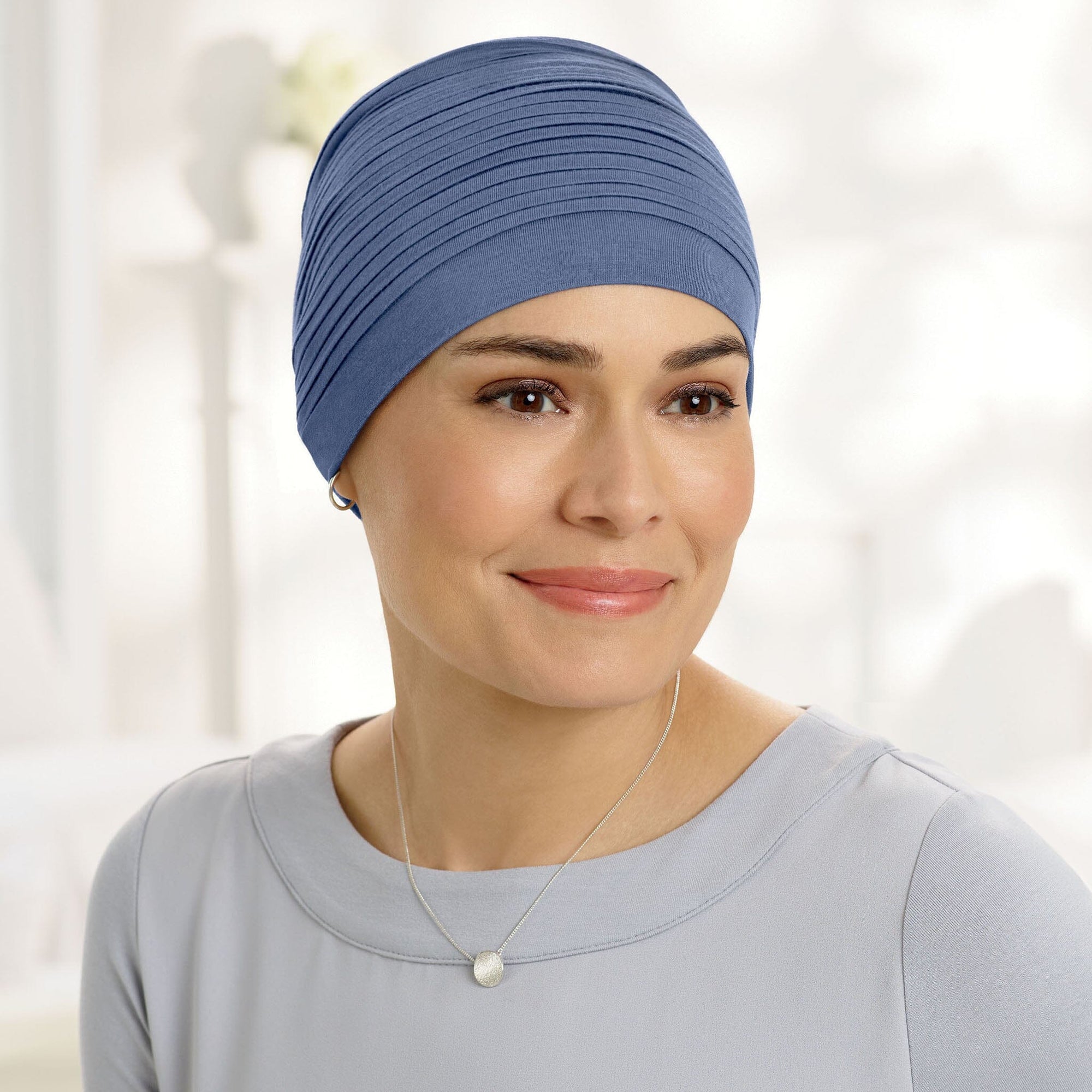 Shown in Heather Gray Turban with #8574 Black Chiffon Scarfband and #8406 Pearl Headband
