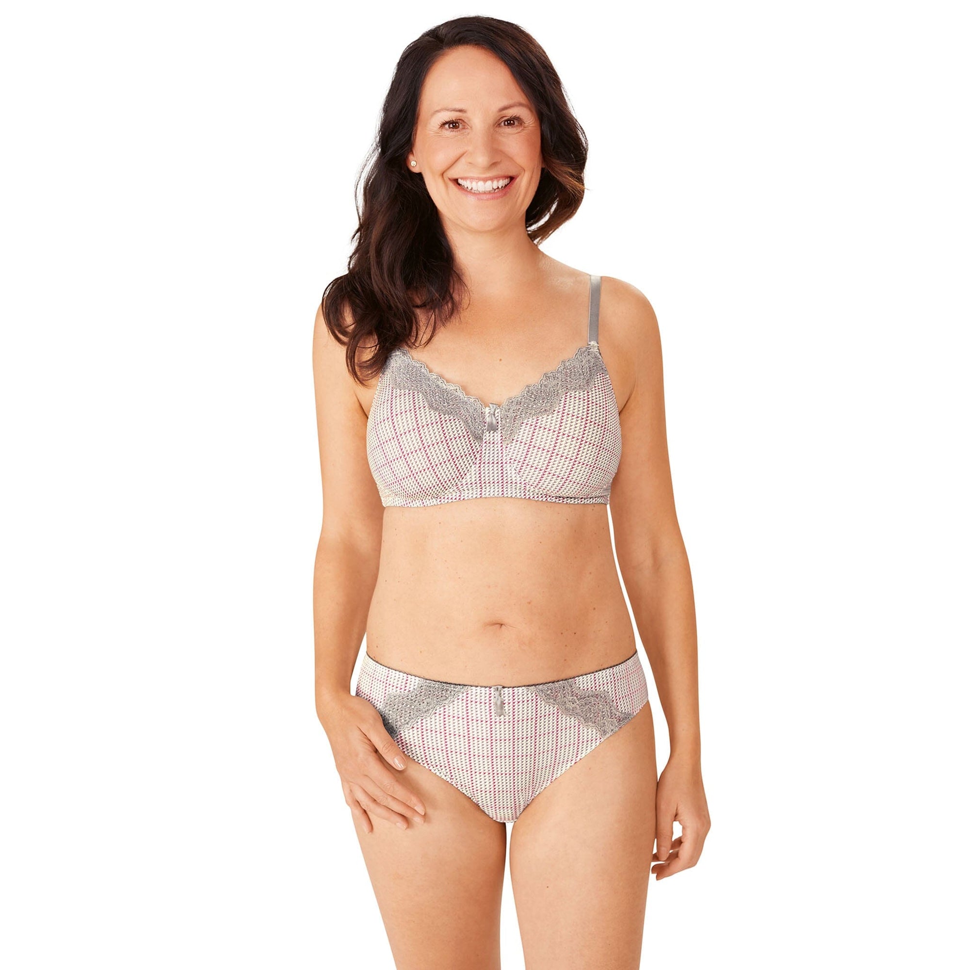 Amoena® Luna Panty Shown in Grey/Multi with Luna Padded Bra (#9605). Front View.